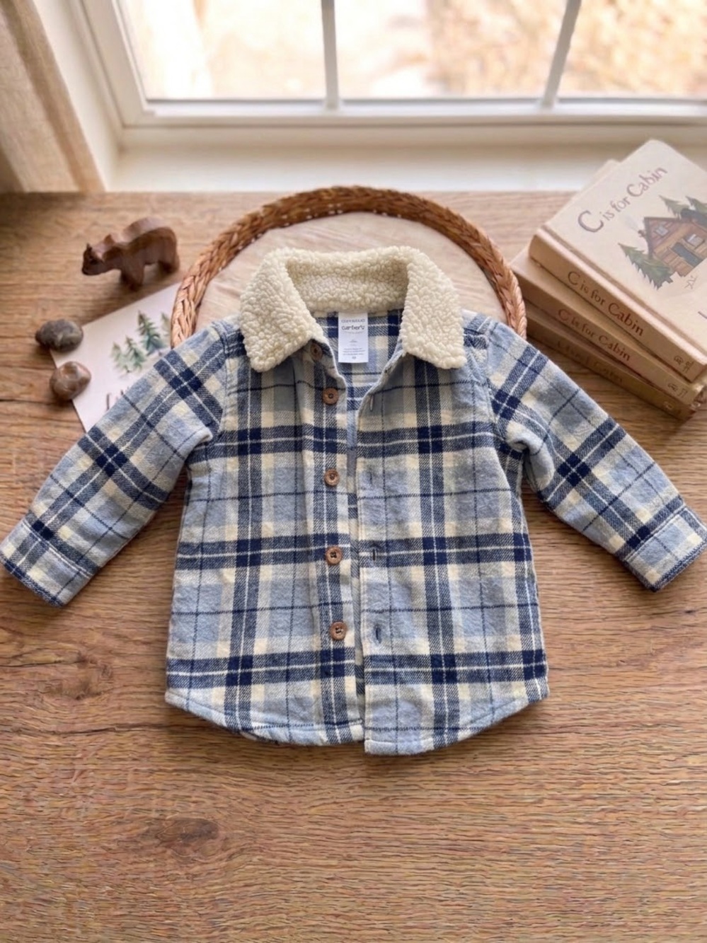 Carter's Blue & Cream Plaid Sherpa Collar Button-Down Shirt